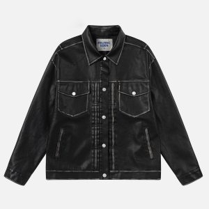 Trendy Multi Pocket Faux Leather Jacket for Y2K Aesthetic and Grunge Style Lovers