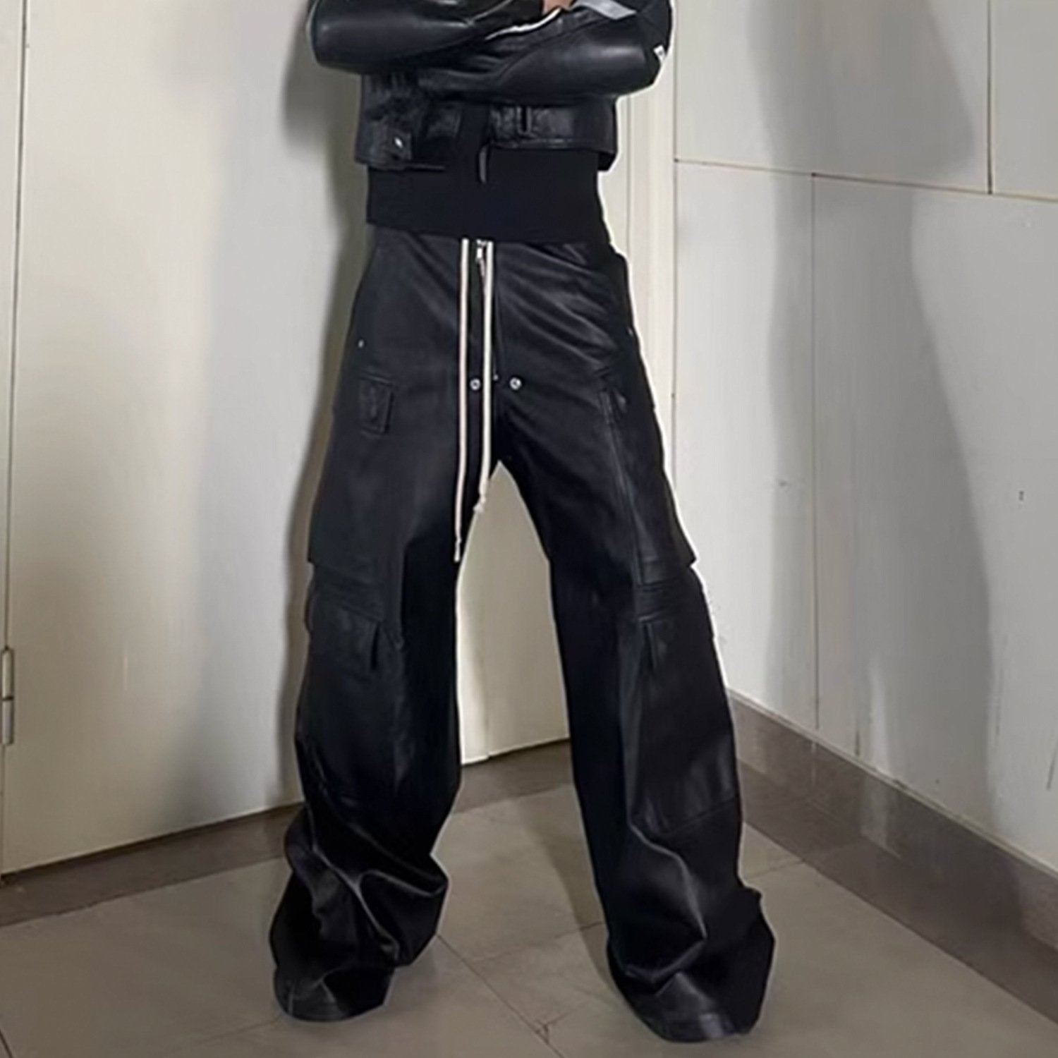 Trendy Multi-Pocket Leather Cargo Pants for Y2K Aesthetic and Grunge Style Lovers