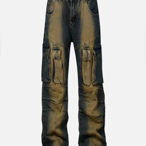 Trendy Multi Pocket Washed Cargo Jeans for Y2K Aesthetic and Grunge Style Lovers