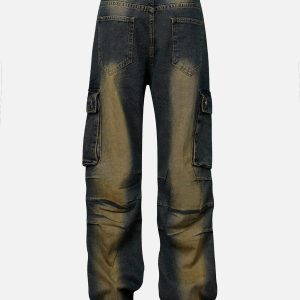 Trendy Multi Pocket Washed Cargo Jeans for Y2K Aesthetic and Grunge Style Lovers