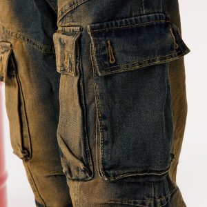 Trendy Multi Pocket Washed Cargo Jeans for Y2K Aesthetic and Grunge Style Lovers