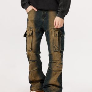 Trendy Multi Pocket Washed Cargo Jeans for Y2K Aesthetic and Grunge Style Lovers