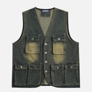 Trendy Multi Pocket Washed Denim Vest for Y2K Aesthetic and Grunge Style Outfits