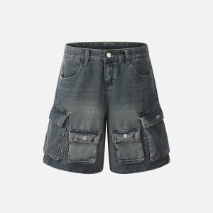 Trendy Multi Pocket Washed Jorts for Y2K Aesthetic Outfits and Grunge Style Looks