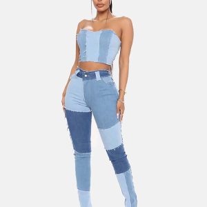 Trendy Patchwork High Waist Jeans for Y2K Aesthetic and Grunge Style Outfits