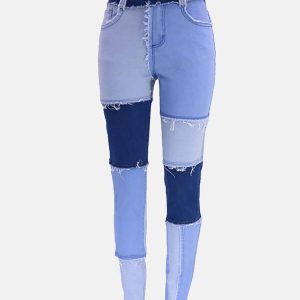 Trendy Patchwork High Waist Jeans for Y2K Aesthetic and Grunge Style Outfits