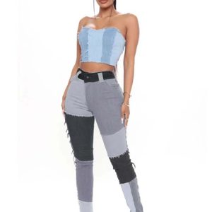 Trendy Patchwork High Waist Jeans for Y2K Aesthetic and Grunge Style Outfits