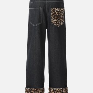 Trendy Patchwork Leopard Print Jeans for Y2K Aesthetic and Grunge Style Lovers