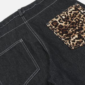 Trendy Patchwork Leopard Print Jeans for Y2K Aesthetic and Grunge Style Lovers