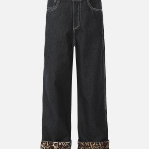 Trendy Patchwork Leopard Print Jeans for Y2K Aesthetic and Grunge Style Lovers