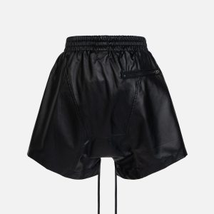 Trendy Patchwork Pocket Faux Leather Shorts for Y2K Aesthetic and Grunge Style Outfits