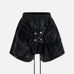 Trendy Patchwork Pocket Faux Leather Shorts for Y2K Aesthetic and Grunge Style Outfits