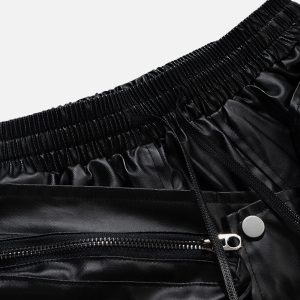 Trendy Patchwork Pocket Faux Leather Shorts for Y2K Aesthetic and Grunge Style Outfits