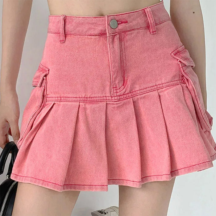 Trendy Pink Denim Cargo Mini Skirt for Y2K Aesthetic and Coquette Style Outfits