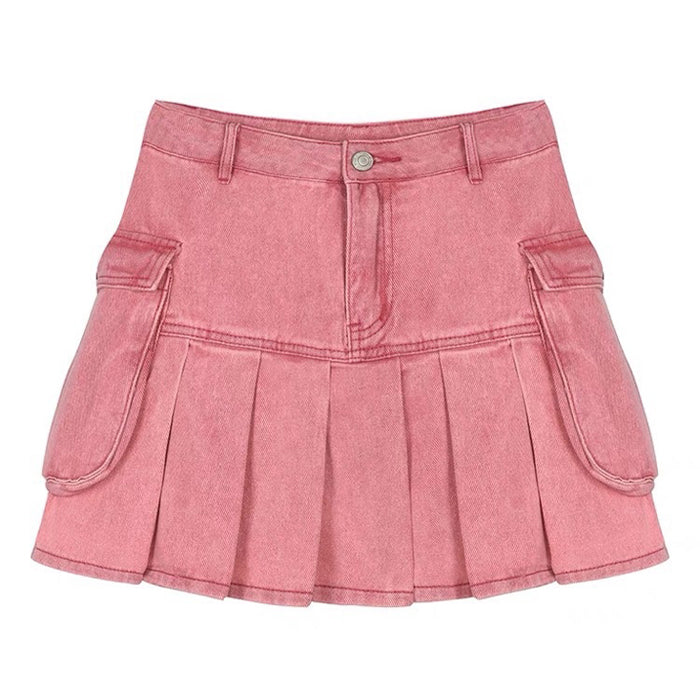 Trendy Pink Denim Cargo Mini Skirt for Y2K Aesthetic and Coquette Style Outfits