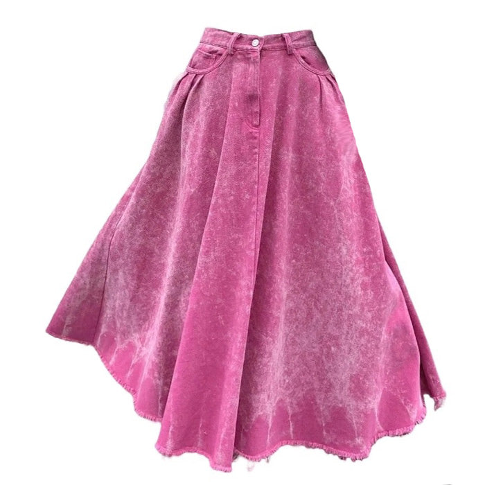 Trendy Pink Distressed Denim Maxi Skirt for Y2K Fashion and Coquette Aesthetic Lovers