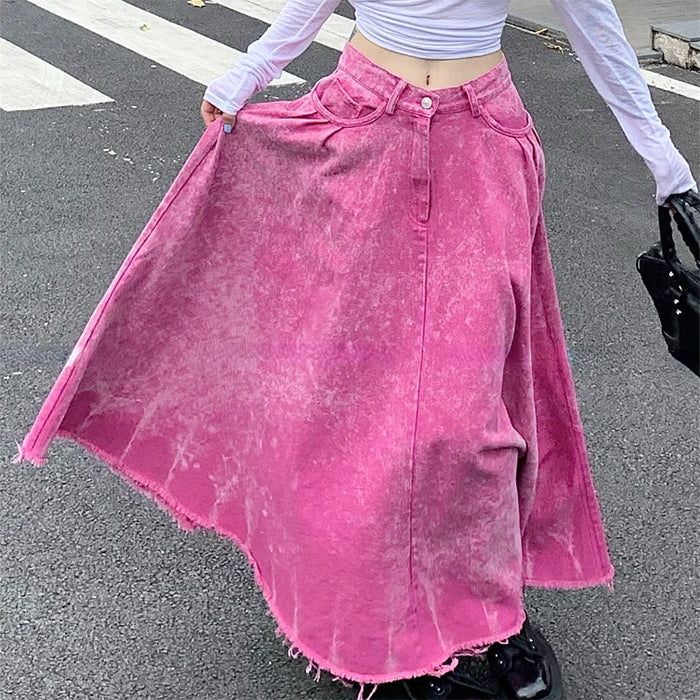 Trendy Pink Distressed Denim Maxi Skirt for Y2K Fashion and Coquette Aesthetic Lovers