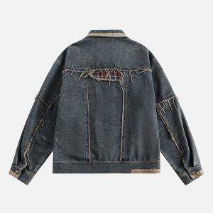 Trendy Plaid Patchwork Denim Jacket for Y2K Aesthetic and Grunge Style Lovers