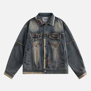 Trendy Plaid Patchwork Denim Jacket for Y2K Aesthetic and Grunge Style Lovers