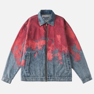 Trendy Red Tie-Dye Denim Jacket for Y2K Aesthetic and Grunge Style Outfits