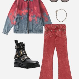 Trendy Red Tie-Dye Denim Jacket for Y2K Aesthetic and Grunge Style Outfits