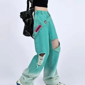 Trendy Ripped Denim Baggy Jeans for Y2K Aesthetic and Grunge Style Lovers