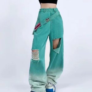 Trendy Ripped Denim Baggy Jeans for Y2K Aesthetic and Grunge Style Lovers