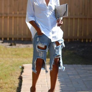 Trendy Ripped Denim Shorts for Y2K Aesthetic Outfits and Grunge Style Looks