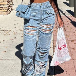 Trendy Ripped Pocket High Waist Jeans for Y2K Aesthetic and Grunge Style Outfits