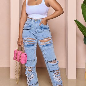 Trendy Ripped Pocket High Waist Jeans for Y2K Aesthetic and Grunge Style Outfits