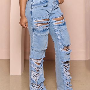 Trendy Ripped Pocket High Waist Jeans for Y2K Aesthetic and Grunge Style Outfits