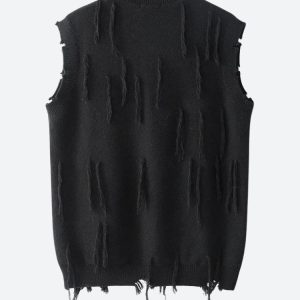 Trendy Ripped Tasseled Sweater Vest for Y2K Aesthetic and Grunge Style Outfits