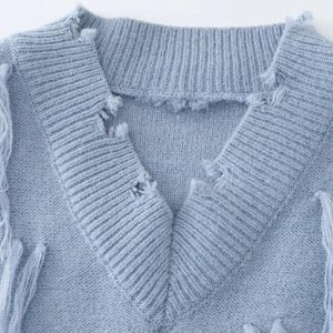 Trendy Ripped Tasseled Sweater Vest for Y2K Aesthetic and Grunge Style Outfits