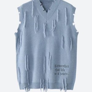 Trendy Ripped Tasseled Sweater Vest for Y2K Aesthetic and Grunge Style Outfits