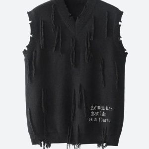 Trendy Ripped Tasseled Sweater Vest for Y2K Aesthetic and Grunge Style Outfits