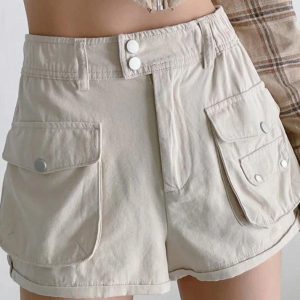 Trendy Rolled Cargo Pocket Shorts for Y2K Aesthetic and Grunge Style Outfits