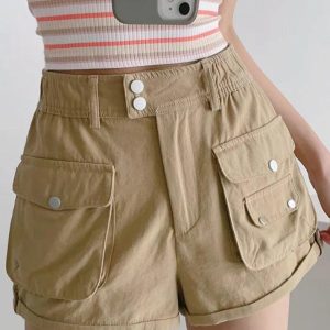 Trendy Rolled Cargo Pocket Shorts for Y2K Aesthetic and Grunge Style Outfits