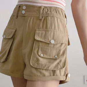 Trendy Rolled Cargo Pocket Shorts for Y2K Aesthetic and Grunge Style Outfits