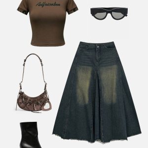 Trendy Slit Washed Denim Skirt for Y2K Aesthetic and Grunge Style Outfits