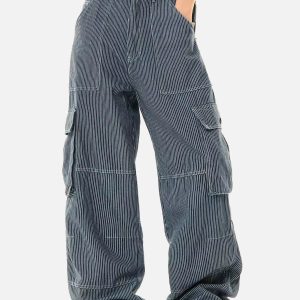 Trendy Stripe Multi Pocket Cargo Pants for Y2K Aesthetic and Grunge Style Lovers