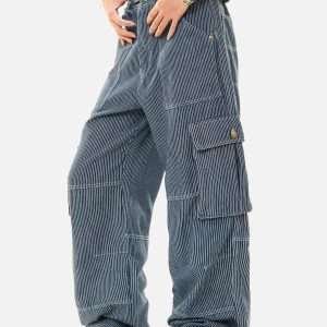 Trendy Stripe Multi Pocket Cargo Pants for Y2K Aesthetic and Grunge Style Lovers