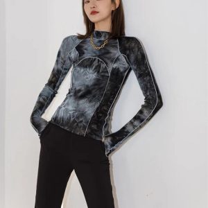 Trendy Tie Dye High Neck Top for Y2K Aesthetic Outfits and Comfy Casual Looks