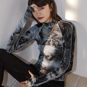 Trendy Tie Dye High Neck Top for Y2K Aesthetic Outfits and Comfy Casual Looks