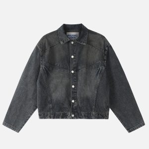 Trendy Washed Crop Denim Jacket for Y2K Aesthetic Outfits and Grunge Style Looks