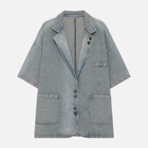 Trendy Washed Denim Short Sleeve Shirt for Y2K Aesthetic and Grunge Style Outfits