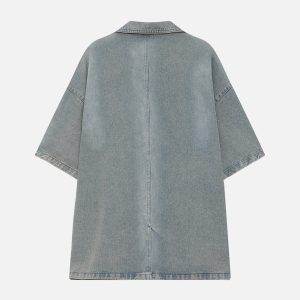 Trendy Washed Denim Short Sleeve Shirt for Y2K Aesthetic and Grunge Style Outfits