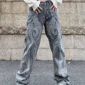 Trendy Washed Embroidery Boyfriend Jeans for Y2K Aesthetic and Grunge Style Lovers