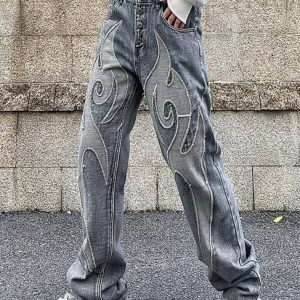 Trendy Washed Embroidery Boyfriend Jeans for Y2K Aesthetic and Grunge Style Lovers