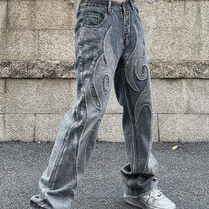 Trendy Washed Embroidery Boyfriend Jeans for Y2K Aesthetic and Grunge Style Lovers