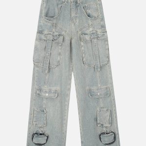 Trendy Washed Multi Pocket Cargo Jeans for Y2K Aesthetic and Grunge Style Lovers